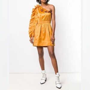 Ulla Johnson Falaise Tafetta gold ruffle one shoulder party cocktail dress 6